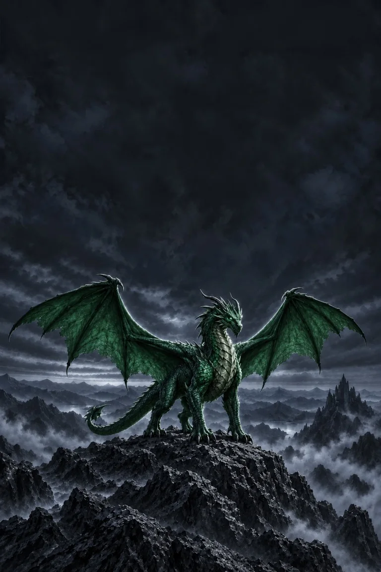 Fantasy illustration of a green dragon spreading its wings over a mountain ridge