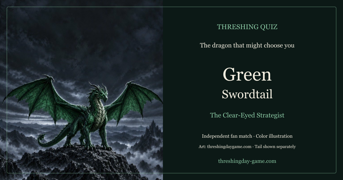 Threshing Day Game dragon quiz card showing a Green Swordtail match