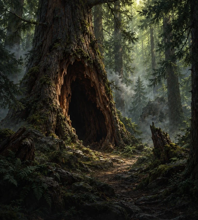 A forest encounter setting in the Threshing Day game, with a path beside a hollow tree